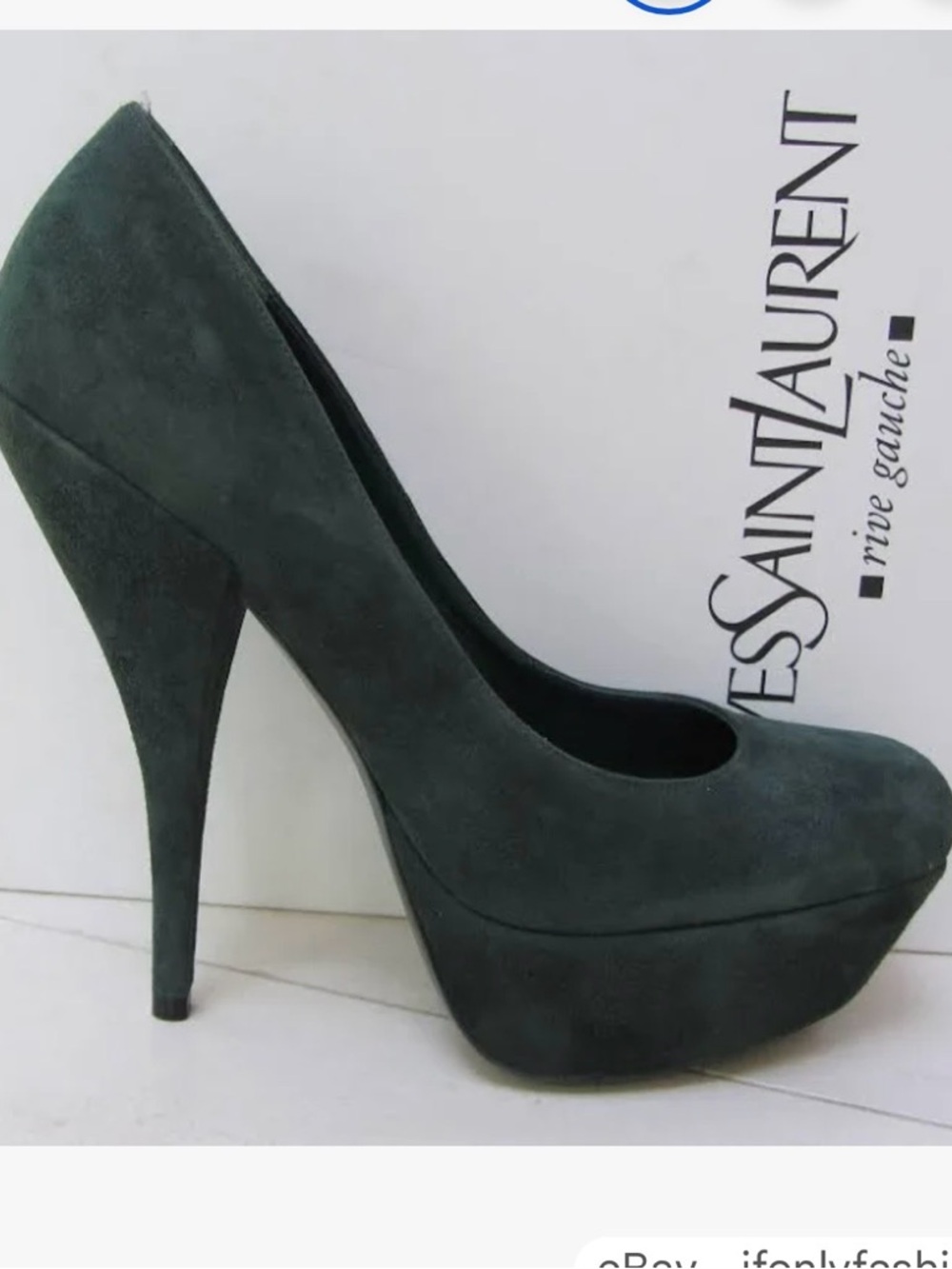 Yves Saint Laurent Dark Leaf Green Suede Platform Pumps